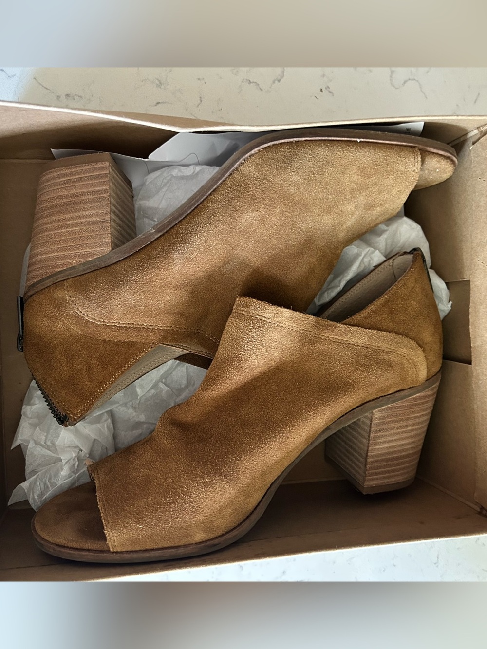 🍀Lucky Brand Kalli Tan Oiled Suede Open-Toe Block Heel Mule Ankle Booties - Picture 4 of 11